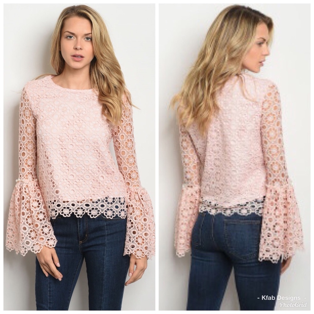 🥰LAST 1! Blush Bell Sleeve Crochet Overlay Top! - Picture 6 of 6